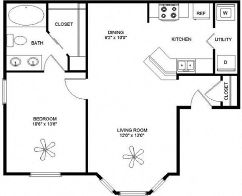 Floor plan for 1 bed, 1 bath, 693 sqft